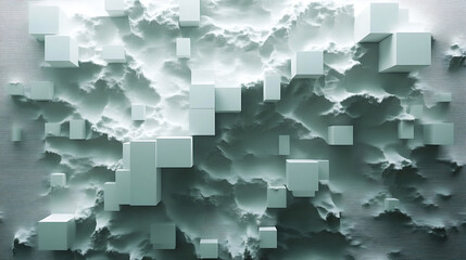 Poster - Abstract geometric background with floating cubes and textured surface creating depth and shadows