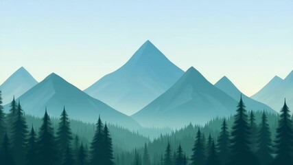 Aufkleber - Low poly landscape showcasing a majestic mountain range looming over an evergreen forest at sunrise, creating a serene and awe inspiring scene
