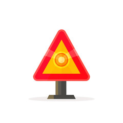 Aufkleber - Illuminated triangular warning sign radiating vigilance, poised on a sleek stand, isolated
