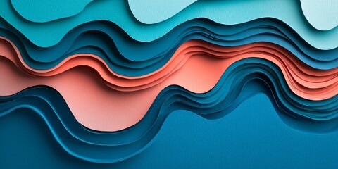 Poster - Abstract Coral And Blue, Paper Carved Wave Patterns, Nature Inspired Modern Art Design Background
