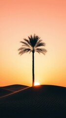 Poster - Scenic view of a lone palm tree silhouetted against a vibrant sunset sky, standing tall on a sand dune in a vast desert landscape, creating a serene and peaceful atmosphere