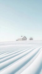 Poster - Snow covering a peaceful field, featuring a small house and a bare tree beneath a clear blue sky, creates a serene winter landscape perfect for tranquil moments in nature