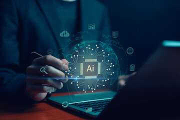 Fototapete - Business data using AI technology background using computer customer service showing data connection storing various data with AI to help simplify documents
