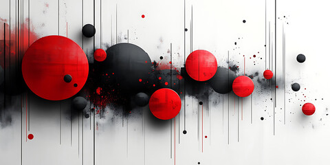 Poster - Abstract geometric composition with red and black spheres on white background contemporary art design featuring spherical elements and elegant vertical lines for modern projects