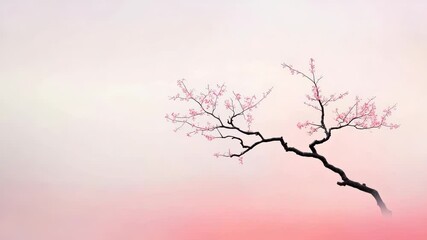 Poster - Cherry tree branch with delicate pink flowers blooming against a dreamy pastel pink and white background, creating a serene and beautiful natural scene