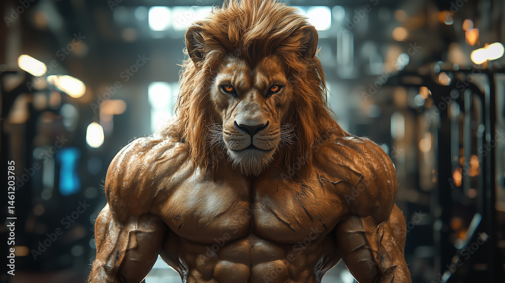 Muscular lion with a human physique in a gym setting during daytime の ...