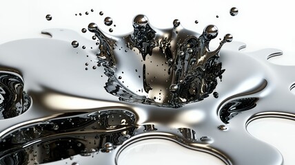 Poster - Liquid metal splash in futuristic chrome tones, isolated on white background, ideal for industrial or sci-fi inspired visuals