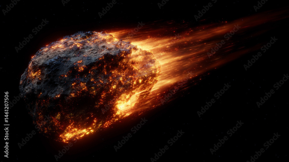 Meteor Particles Bright meteor streaking across the night sky leaving a trail of fire ...
