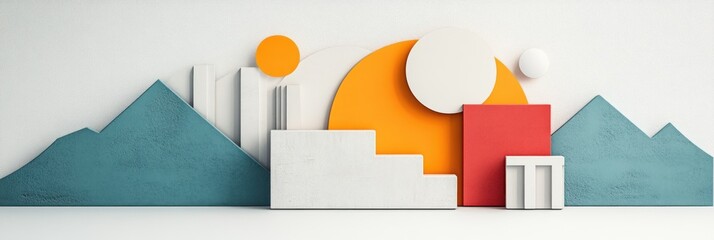 Poster - Abstract scene with geometric shapes, mountains, and sun