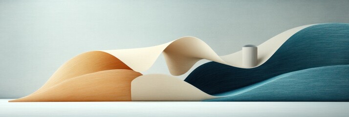 Poster - Abstract sculpted forms of flowing paper in beige, cream, and teal colors, featuring a small cylinder object