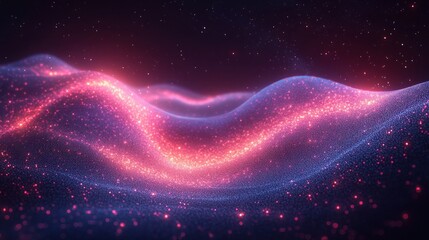 Poster - Abstract wavy landscape of glowing particles in vibrant pink and blue.  Detailed digital graphic of undulating energy field