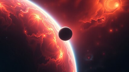 Wall Mural - a fiery red planet with swirling clouds and a smaller dark moon orbits in a dramatic cosmic scene.