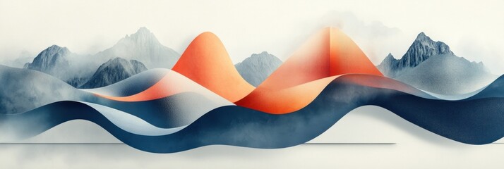 Poster - Abstract landscape with flowing, layered shapes of orange and blue, evoking a sense of movement and depth, like mountains and water