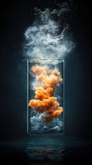 Poster - Abstract art, a glass cylinder filled with swirling orange and white smoke clouds against a dark backdrop