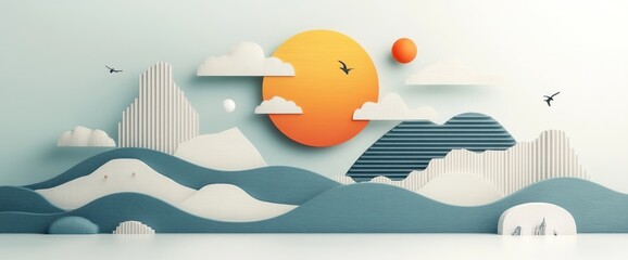 Poster - A serene landscape, composed of paper-cut-like shapes, featuring a sun, clouds, mountains, and stylized waves