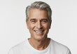 © Vooglo - Smiling mature man with gray hair wearing a white t-shirt on a white background