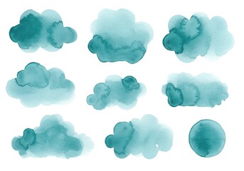 Poster - Watercolor cloud shapes in teal and blue with a round shape on a white background