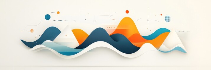 Poster - Abstract graphic design with layered, wavy shapes in orange, blue, and white