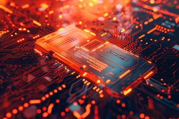 Poster - Complex interconnected network of circuits on a microchip glowing in red