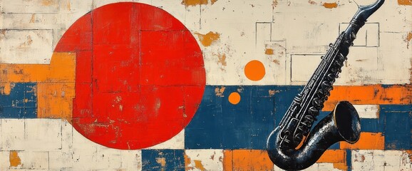 Poster - Abstract artwork featuring a saxophone and vibrant colors.  A bold red circle contrasts with a saxophone, overlaid on a background of geometric shapes in blues, oranges, and yellows