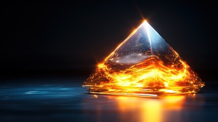 Poster - Crystal pyramid, fire inside, dark background,  glowing