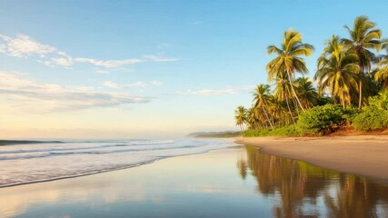 Poster - Tropical beach featuring golden sand and calm waves reflecting the silhouettes of palm trees and lush vegetation, creating a serene and picturesque scene at sunset