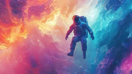 Wall Mural - A solitary astronaut floating weightlessly through a cosmic sea of vibrant light and color 
