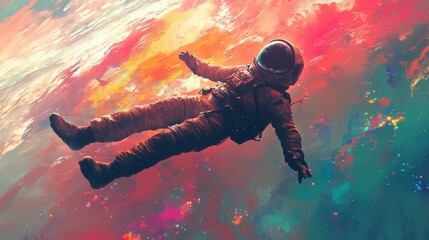 Wall Mural - A solitary astronaut floating weightlessly through a cosmic sea of vibrant light and color 
