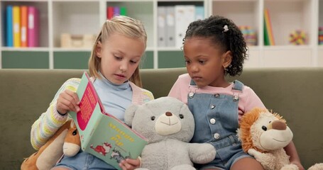 Poster - Girl, friends and children on sofa reading book together in classroom with storytelling for learning. Relax, school and kids on couch with teddy bear, fairytale and imagination in educational story