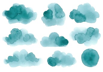 Poster - Collection of teal watercolor clouds and circle on white background