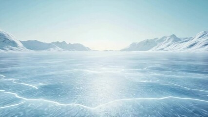 Poster - Sunlight shimmering on the expansive surface of a vast frozen lake, nestled among majestic snowy mountains, creates a tranquil and serene winter landscape filled with natural beauty