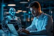 © tahid - Businessmen and humanoid robot work on a project chat bot chatbot ai bot