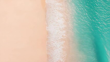 Poster - Aerial view of turquoise water gently washing onto a pristine pink sand beach, creating a breathtaking contrast of colors and textures, inviting relaxation and tranquility