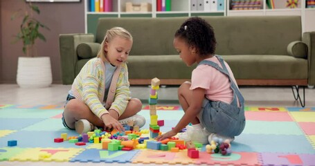 Poster - Building blocks, psychology and children on floor in office for cognitive development or creativity. Learning, waiting room and girl kids with educational toys for fine motor skills or sensory.