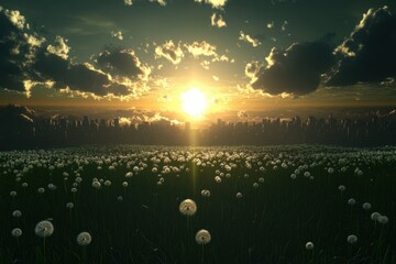 Wall Mural - City Through Clouds. A Field of Dandelions with the Sun Setting and Shining Through the Clouds