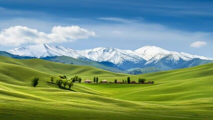 Aufkleber - Lush green meadows stretch out under a vibrant blue sky, leading towards a majestic range of snow capped mountains, creating a breathtaking panorama of nature's beauty in xinjiang, china
