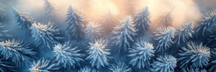 Poster - Winter landscape with snow-covered trees bathed in soft light at dawn