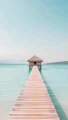 Aufkleber - Long wooden pier leading to a charming overwater bungalow with thatched roof, surrounded by serene turquoise waters and distant mountains, creating a tranquil and exotic vacation scene