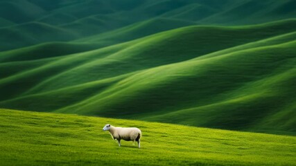 Aufkleber - Single sheep stands on a vibrant green hillside, with a backdrop of undulating hills creating a serene and picturesque landscape, bathed in the soft light, offering a tranquil view of rural life