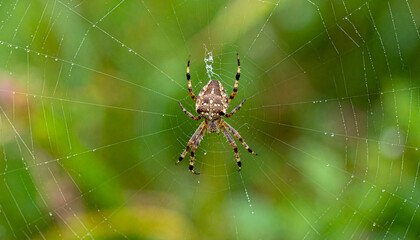 Macro nature close-up of a creepy hairy spider on its web