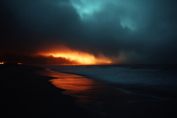 Wall Mural - captivating scene of dramatic dark storm clouds at night, illuminated by fiery orange glow on horizo