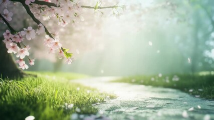 Poster - Gentle sunlight filters through cherry blossom branches, showering a tranquil park path with delicate pink petals, creating a serene spring scene