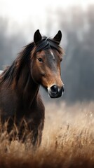 Naklejka na meble Brown horse standing in a grassy field during a foggy morning near a forest edge