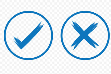 Poster - Two dirty grunge cross x and tick OK check marks in check boxes, hand drawn with brush strokes vector illustration isolated on white background.