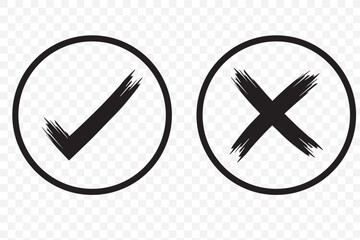 Poster - Two dirty grunge cross x and tick OK check marks in check boxes, hand drawn with brush strokes vector illustration isolated on white background.