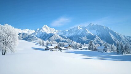 Poster - Majestic snow covered mountains creating a breathtaking backdrop for a picturesque winter wonderland with charming houses nestled in the sunny, snowy landscape