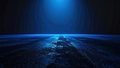 Poster - Mysterious blue light illuminating dark horizon ocean surface digital artwork virtual environment wide-angle view abstract concept