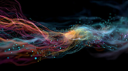 Leinwandbilder - A swirling stream of colorful digital lines and glowing points flows across a dark background, evoking energy, data, and motion.