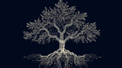 Aufkleber - A digital tree with circuit branches and roots, symbolizing the fusion of technology and nature on a dark background.
