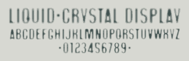 Poster - font consisting of dots, points. Simple font with the theme of computer games, digital technologies, pixels. Set of letters and numbers of the Latin alphabet. No AI used